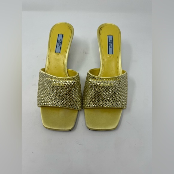 Prada Crystal Embellished Satin Mules Butter Yellow Triangle Logo Open Toe 37.5 - Picture 6 of 8